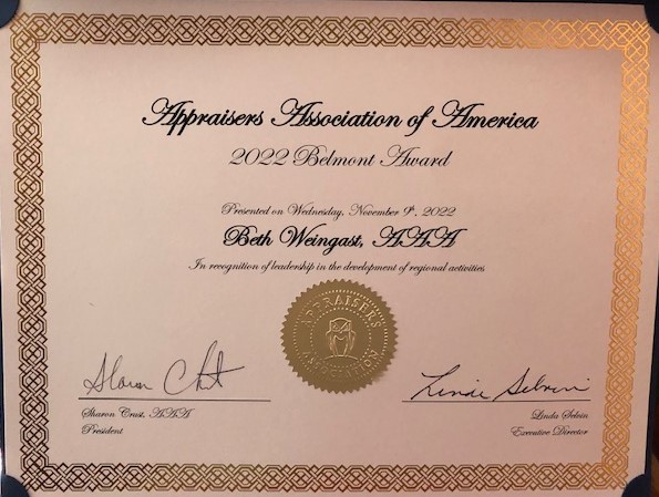 Belmont award from appraisers association of america