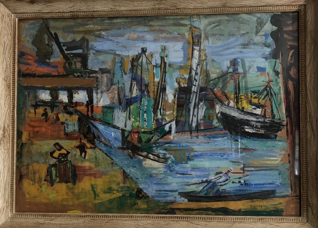 Vibrant abstract painting of a bustling harbor with boats and people
